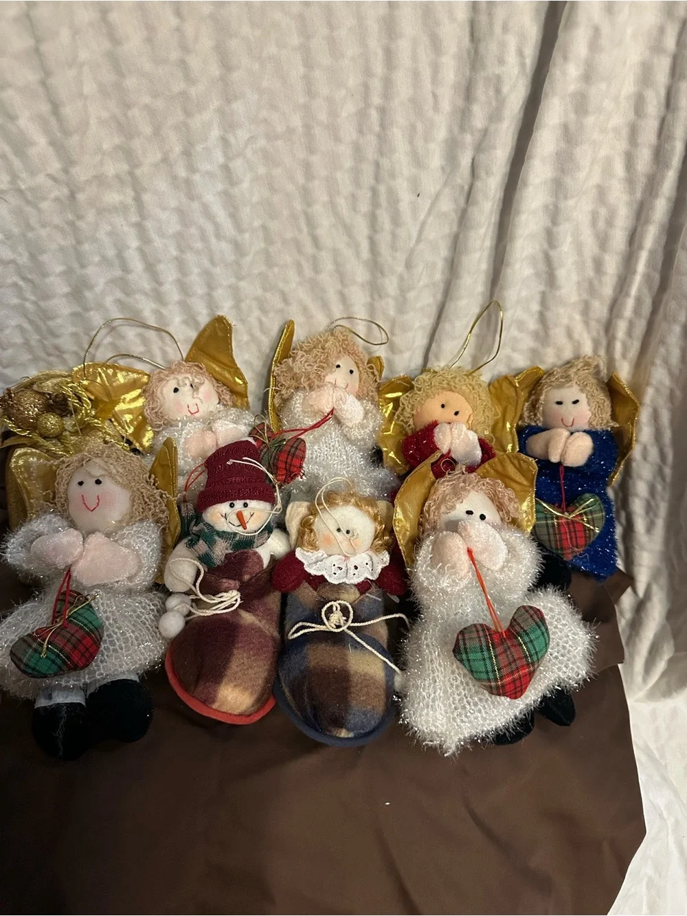 Holiday Plush Angel and Snowman Ornaments - Gold, Red, White